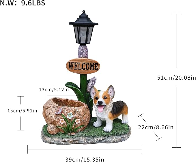 Solar Light Animal Outdoor Statue Planter with Welcome Sign, Resin Garden Sculpture Flower Pot for Patio Lawn Porch Yard Courtyard Decor, Weather-Resistant Decorative Figurine Accent (M)