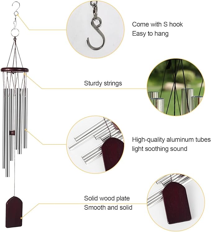 Wind Chimes for Outside, Memorial Wind Chimes with Soothing Melodic Tones, Sympathy Wind Chimes with 6 Tuned Tubes, Great as a Gift or for Your Own Porch, Garden, Backyard, and Home, 29 Inch