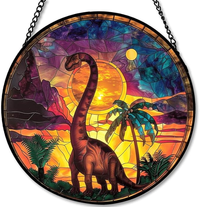Stained Glass Window Hanging - Brachiosaurus with Sunset Palms Sun Catchers Indoor Stained Glass Panels Wall Decor for Mom,Wife,Lovers,Festive