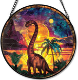 Stained Glass Window Hanging - Brachiosaurus with Sunset Palms Sun Catchers Indoor Stained Glass Panels Wall Decor for Mom,Wife,Lovers,Festive