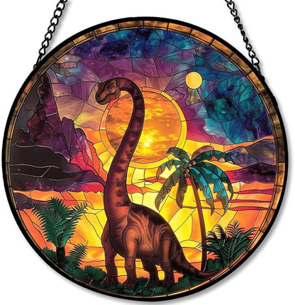 Stained Glass Window Hanging - Brachiosaurus with Sunset Palms Sun Catchers Indoor Stained Glass Panels Wall Decor for Mom,Wife,Lovers,Festive