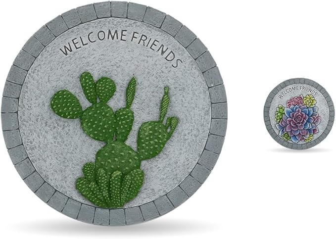 Landoraloria Cement Garden Stepping Stones Outdoor 10” Round Welcome Path Stones with Succulent Design Outdoor Yard & Patio Decor Hand-Painted Cactus Welcome Sign