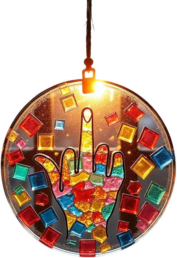 Middle Finger Suncatcher Color Stained Glass Window Hanging, Handmade Acrylic Funny Light Sun Catcher Indoor Outdoor Wall Hanger Ornament, Hand-Painted Glass Panel Decor for Home Office (B)