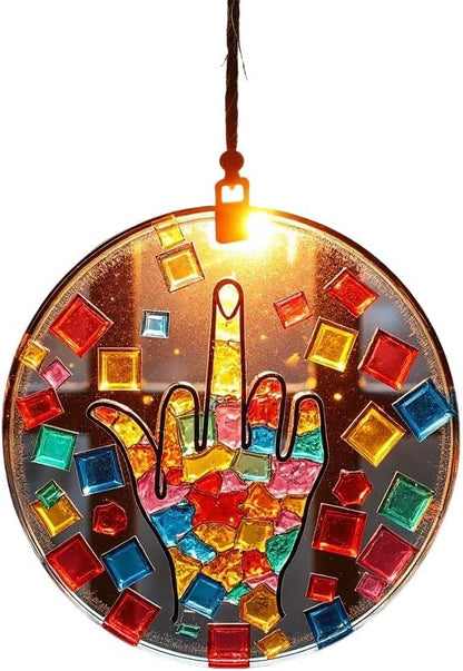 Middle Finger Suncatcher Color Stained Glass Window Hanging, Handmade Acrylic Funny Light Sun Catcher Indoor Outdoor Wall Hanger Ornament, Hand-Painted Glass Panel Decor for Home Office (B)