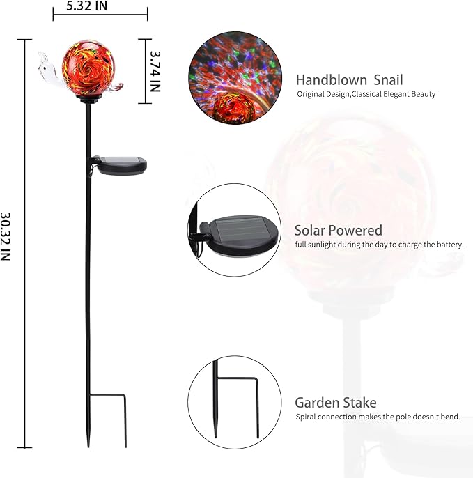 Bshine Solar Garden Decoration Outdoor Snail Lights, Hand Blown Glass Waterproof Solar Light Stake Decorate Paths, Pathways, Lawns and Yards Art for Mom