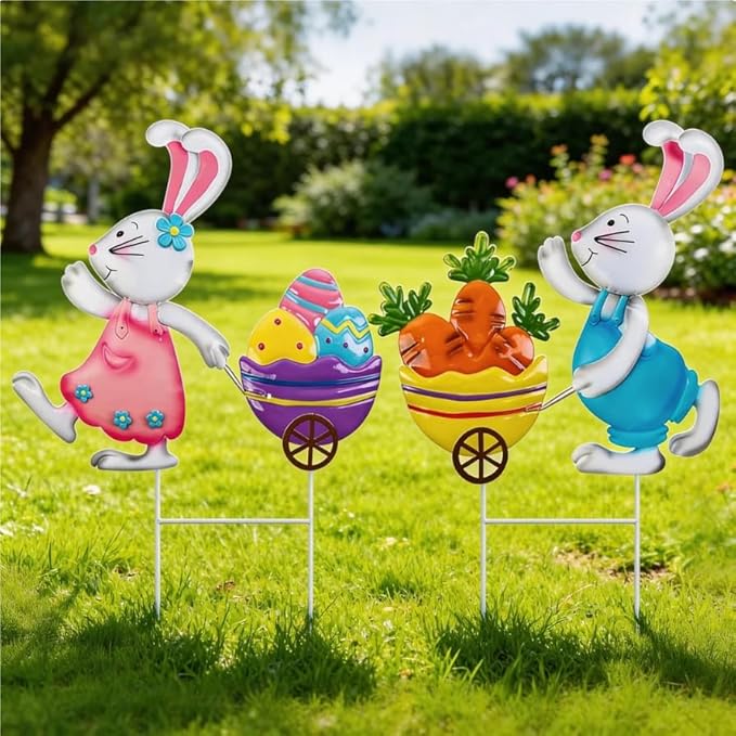 YIYA Metal Easter Bunny Yard Signs Rabbit Garden Stakes with Egg & Carrot Weatherproof Spring Decorative Outdoor Decor for Lawn Porch Patio