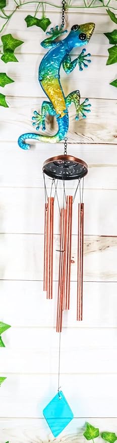 Set Of 1 Green Camouflage Gecko Lizard Copper Metal Wind Chime 40"Long Resonant Outdoor