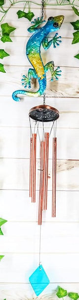 Set Of 1 Green Camouflage Gecko Lizard Copper Metal Wind Chime 40"Long Resonant Outdoor