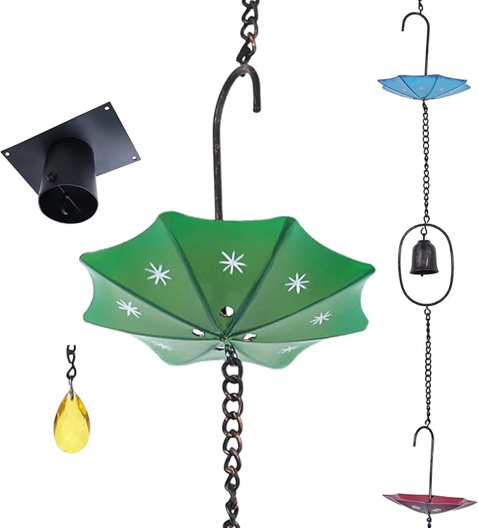 hogardeck 8.5FT Rain Chain for Gutters Outside - 6 Umbrellas and 6 Bells Decorative Metal Rain Catcher with Adapter, Stake for Downspout Replacement, Garden Drainage, Eaves