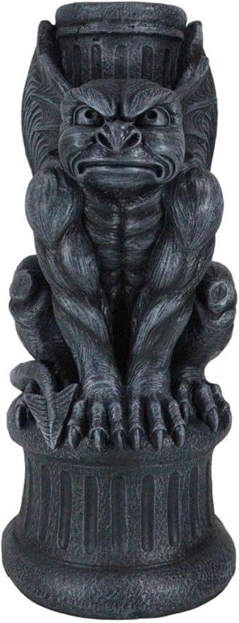 Ebros Faux Stone Gothic Crouching Winged Gargoyle Statue with Solar LED Lantern Light Post 20" Tall Decor Figurine