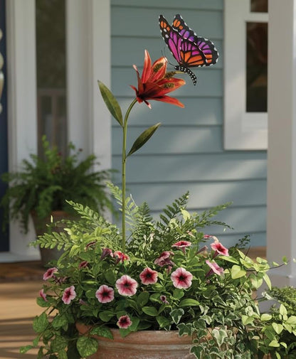 Regal Art & Gift Butterfly Flower Metal Garden Stake - Decorative Handcrafted Outdoor Metal Sculpture for Lawn, Patio & Garden Décor - Pink