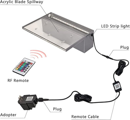 12'' APP Control Waterfall Spillway with RGB LED Lights, Acrylic Pond Fountain Set for Outdoor Decorations, Patio Pool Kit on The Wall for Garden w/16 Color Changing, Easy Installation