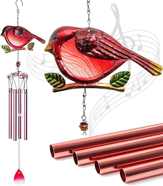Evealyn Outdoor Red Cardinal Bird Wind Chimes, Indoor Stained Glass Metal Tubes Music Beautiful Windchimes Hanging for Room,Balcony,Window, Garden,Yard, Patio,Lawn Creative Home Decoration (Red)
