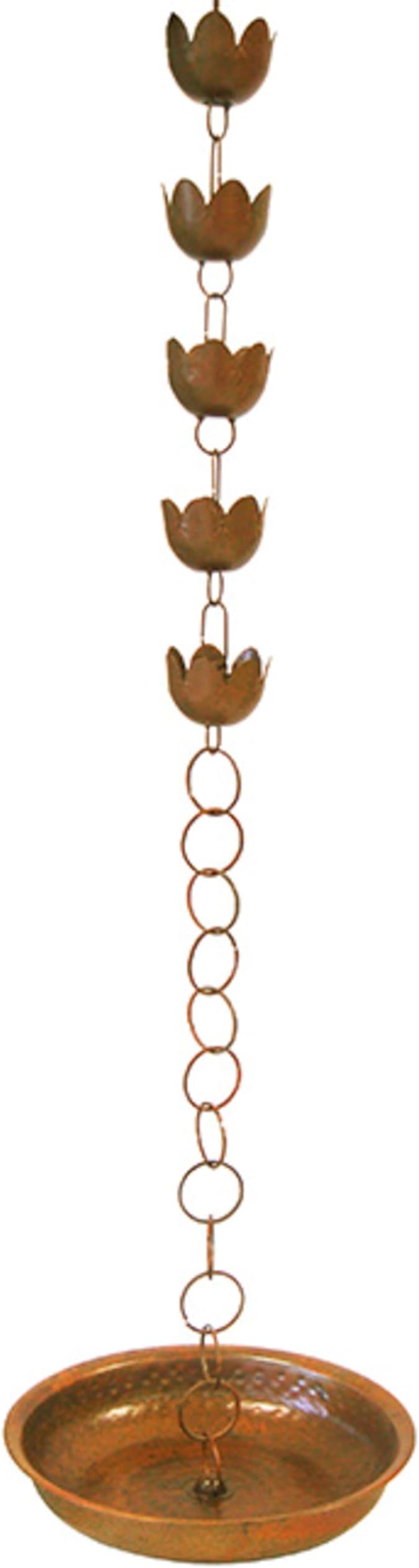 BestNest Ancient Graffiti Lily Rain Chain with Receptacle – Decorative Downspout Replacement with Flamed Copper Finish for Gutters & Garden Drainage