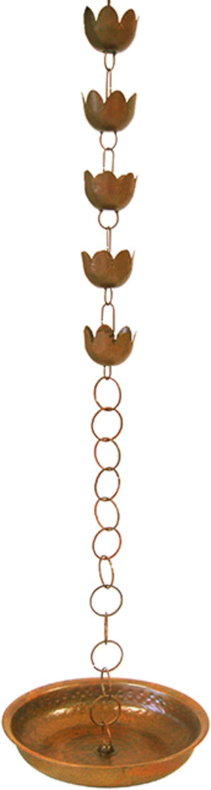 BestNest Ancient Graffiti Lily Rain Chain with Receptacle – Decorative Downspout Replacement with Flamed Copper Finish for Gutters & Garden Drainage