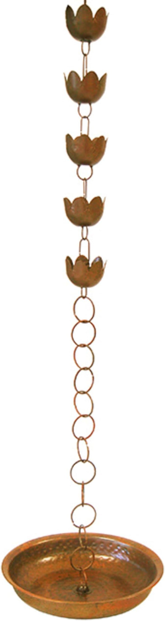 BestNest Ancient Graffiti Lily Rain Chain with Receptacle – Decorative Downspout Replacement with Flamed Copper Finish for Gutters & Garden Drainage