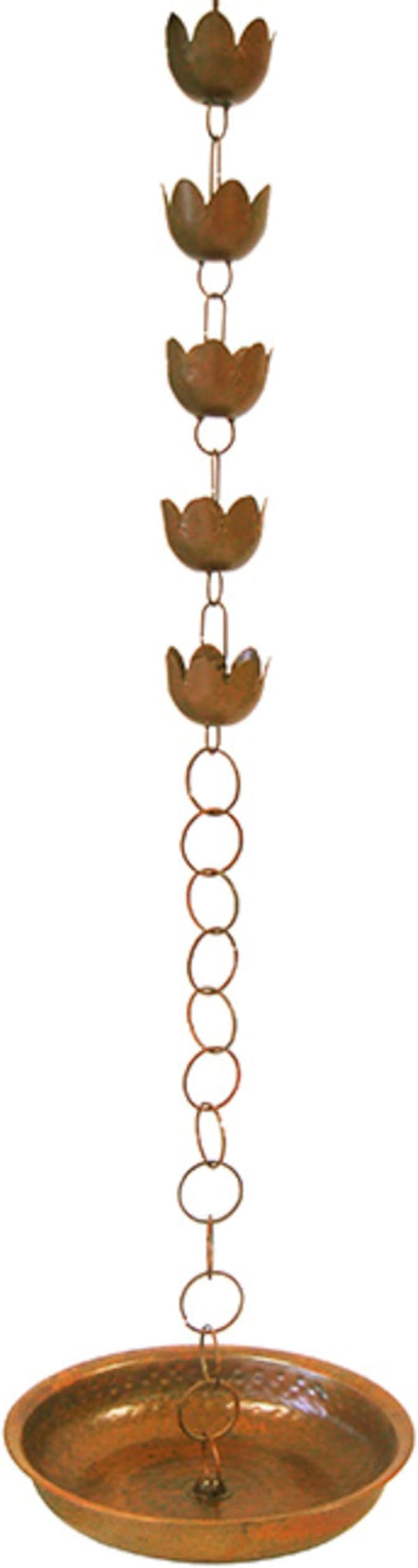 BestNest Ancient Graffiti Lily Rain Chain with Receptacle – Decorative Downspout Replacement with Flamed Copper Finish for Gutters & Garden Drainage
