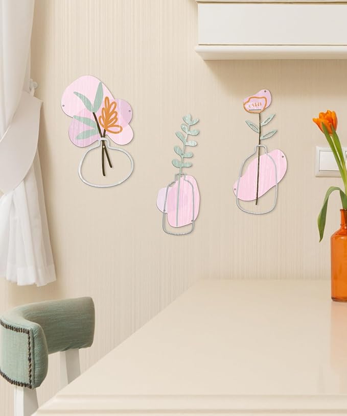 Putuo Decor 3Pcs Metal Flower Wall Art, Minimalist Flower Vase Bathroom Wall Decor, Rustic Farmhouse Decor for Living Room, Bathroom, Bedroom, Elegant Housewarming Gift(Pink)