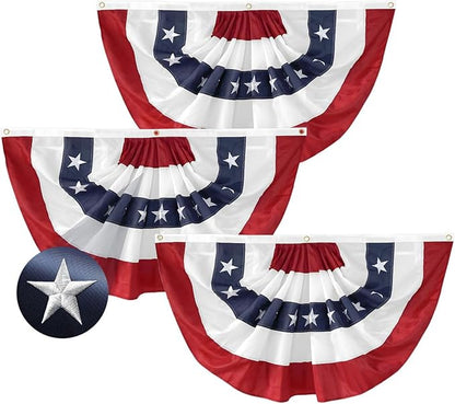3Pack American Patriots' Day Bunting Flags 2x4 Feet Pleated Fan Flag Memorial Day Decor 4th of July Outside Bunting Embroidered Stars & Sewn Stripes Canvas Header Brass Grommets
