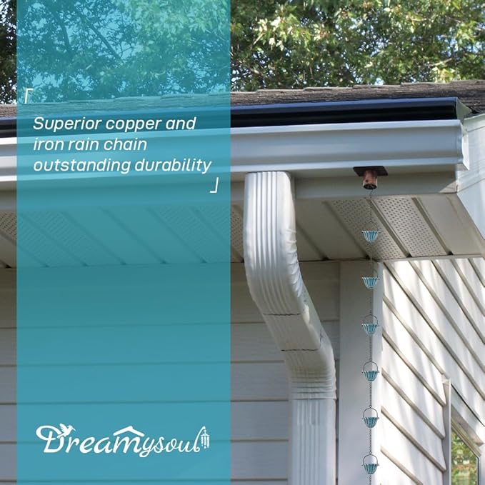 dreamysoul 7.05 FT Blue Rain Chain, 8 Cups Rain Chains for Outside, Replacement Downspout for Gutters, Eaves Drainage