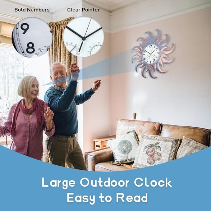 Large Outdoor Clock Silent Non-Ticking, Outdoor Wall Clock with Thermometer & Hygrometer Combo, Quartz Outside Clock for Patio, Garden, Living Room (Blue)