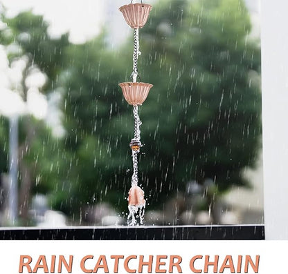 9 Ft Rain Chain, Thick Metal Rain Gutter Chains with 12 Gold Flower Cups, Adjustable Rain Catcher Chain for Eaves Drainage, Replacement for Downspout, Outdoor Decor
