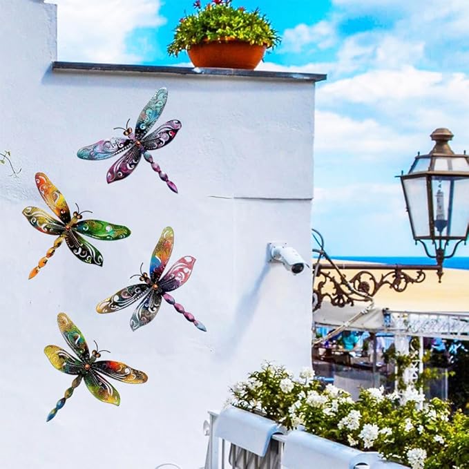 Set of 4 Colorful Dragonfly Metal Sign Art Decor,4Pcs Dragonflies Silhouette Wall Hanging Gifts for Birthday Housewarming,Dragonfly Ornament Decorate for Fence Garden Yard Patio Farmhouse Ranch