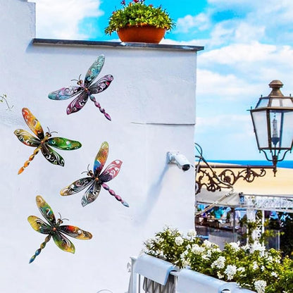 Set of 4 Colorful Dragonfly Metal Sign Art Decor,4Pcs Dragonflies Silhouette Wall Hanging Gifts for Birthday Housewarming,Dragonfly Ornament Decorate for Fence Garden Yard Patio Farmhouse Ranch