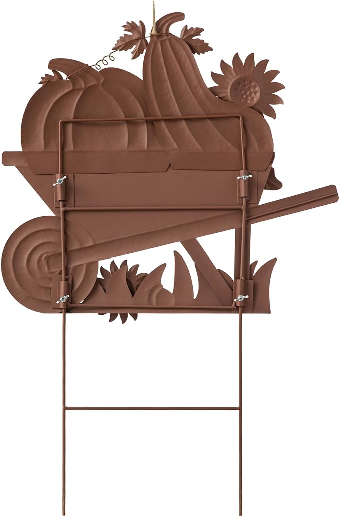 Glitzhome 30" H Fall Metal Wheel Barrow Pumpkin Yard Stake/Hanging Wall Decor,Pumpkin Wagon Cart with Happy Fall Signs,Fall Harvest Porch Decorations for Thanksgiving Autumn Halloween Party Supplies