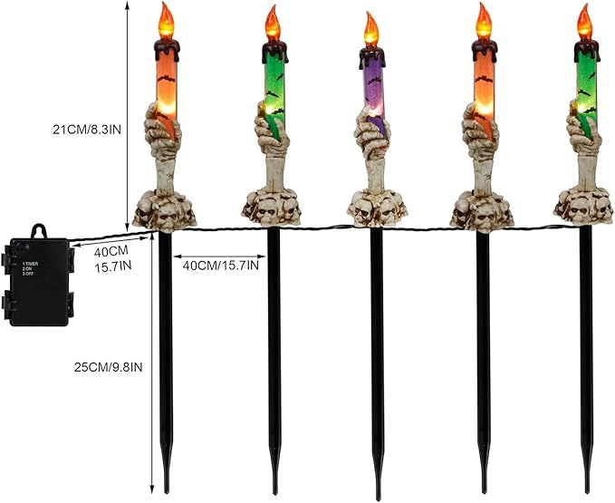 WATERGLIDE Halloween Candle Light Stakes, 5 Pack Skeleton Hands Hold Lighted Candle Pathway Makers, Waterproof Battery Operated with Timer, Light Up Figurine for Indoor Outdoor Holiday Party