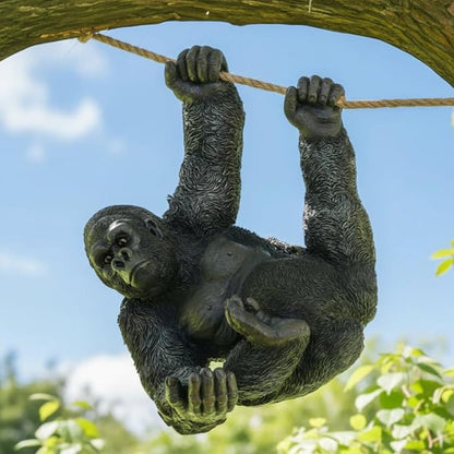 Hanging Gorilla Outdoor Decor, Resin Monkey Statue on Rope for Front Porch Patio Yard Tree Fence, Realistic Animal Garden Ornament for Outside Spaces, 26 in