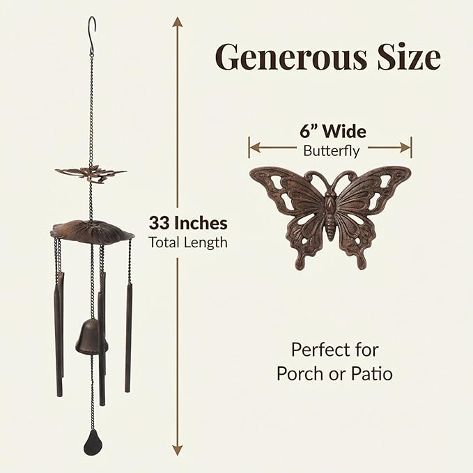 Anderson's Butterfly Wind Chimes, 33" Antique-Style Outdoor Decor for Garden, Patio, Porch, Memorial, Birthday, Wedding, Sympathy, Fundraising, Home or Office – No Assembly Required