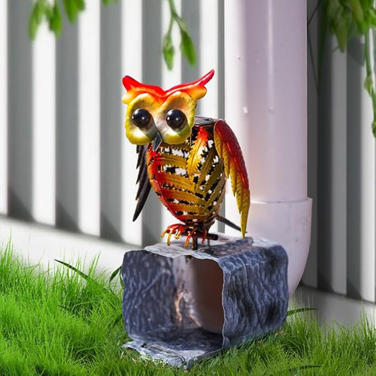 Owl Metal Gutter Downspout Extensions with Solar Powered Lights, Outdoor Waterproof Splash Block Sculpture Garden Decor, Animal Statue Ornaments for Garden, Yard, Lawn