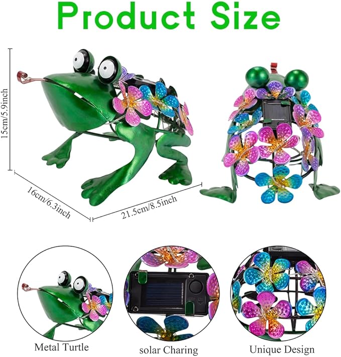 Frog Garden Decor Solar Statue Metal Yard Decorations Outdoor,Solar Frog Figurine Lights Frogs Ornament Lamps for Outside Yard,Lawn,Patio,Porch,Balcony