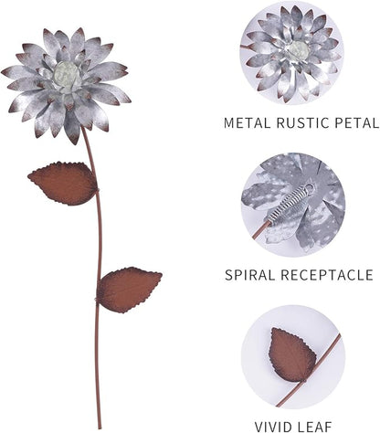 Garden Stakes Decorative, Metal Flowers for Outside, Glow in Dark Yard Lawn Ornaments Plant Pot Flower Bed Decor, Patio, Set of 3, Silver