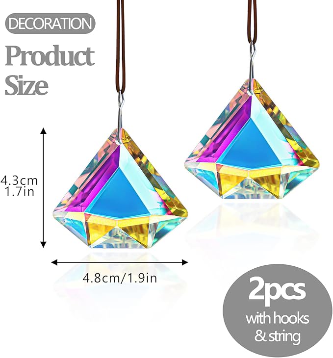 H&D HYALINE & DORA 1.9" Crystal Prisms Sun Catcher Set of 2 AB Colored Suncacther Indoor Window Prisms Suncatcher,Hanging Crystals for Windows Home Garden Decor