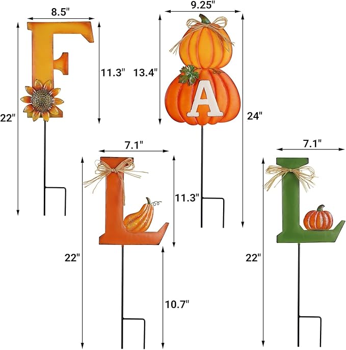Juegoal 4 Pcs Fall Decorative Garden Stakes, 24 Inch Letter Metal Yard Sign with Pumpkins, Outdoor Art Stake for Thanksgiving Decorations Autumn Harvest Patio Lawn Walkway, Style A