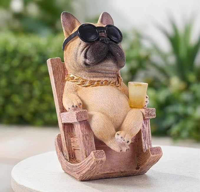Solar French Bulldog Garden Statue, Funny Frenchie Dog Figurine for Outdoor Yard, Patio, & Lawn Décor, Unique Frenchie Gifts for Housewarming & Birthday,7 Inch Resin (Fawn)
