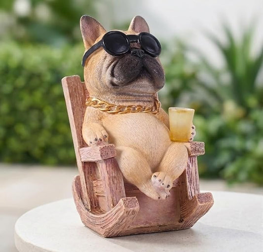 Solar French Bulldog Garden Statue, Funny Frenchie Dog Figurine for Outdoor Yard, Patio, & Lawn Décor, Unique Frenchie Gifts for Housewarming & Birthday,7 Inch Resin (Fawn)