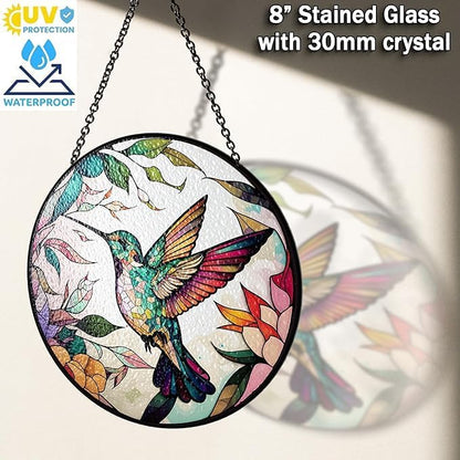 6" Hummingbird Stained Glass Suncatcher, Bird Handcrafted Suncatcher Window Hanging, Nature Floral Art Decor for Home Garden, Gift for Mom, Grandma, Women, Friend, Bird Lover P-SC-M114-SG6