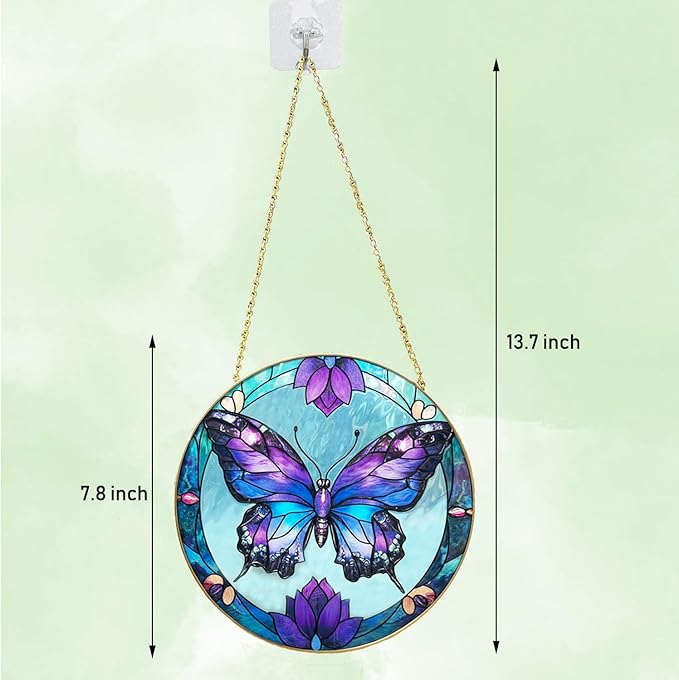 Butterfly Stained Glass Window Hanging, 7.8" Hand-Painted Sun Catcher Glass Panel Wall Art Decor with Chain, Butterfly Gifts for Women Mom Grandma, Outdoor Indoor Art Decor for Home Garden