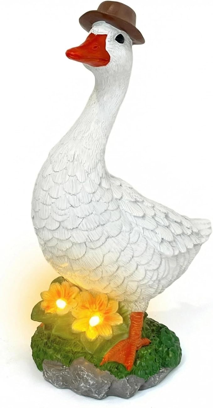 HONGLAND Solar Porch Goose Garden Statue with Glowing Flower, 10" Solar Duck Decorative Figurine for Outdoor Lawn Patio Yard Backyard Porch Ornaments - Unique Gift for Women