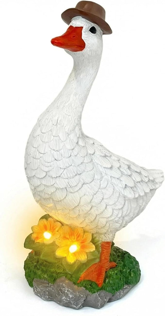 HONGLAND Solar Porch Goose Garden Statue with Glowing Flower, 10" Solar Duck Decorative Figurine for Outdoor Lawn Patio Yard Backyard Porch Ornaments - Unique Gift for Women