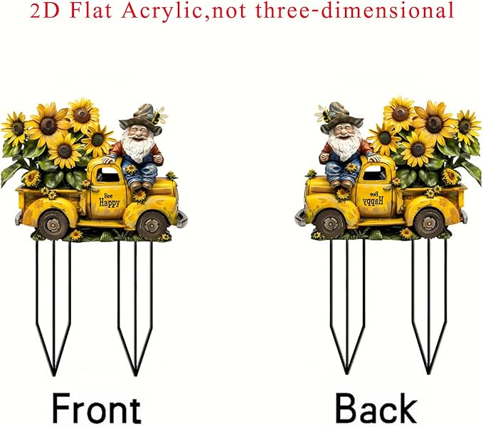 Garden Stake Decor, Acrylic 2D Flat Cute Animal Statue, Fairy Sculptures Ornament Indoor Outdoor Yard Lawn Pot Plant Decorative Accessories (A Truck Filled with Sunflowers)