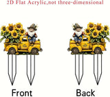 Garden Stake Decor, Acrylic 2D Flat Cute Animal Statue, Fairy Sculptures Ornament Indoor Outdoor Yard Lawn Pot Plant Decorative Accessories (A Truck Filled with Sunflowers)
