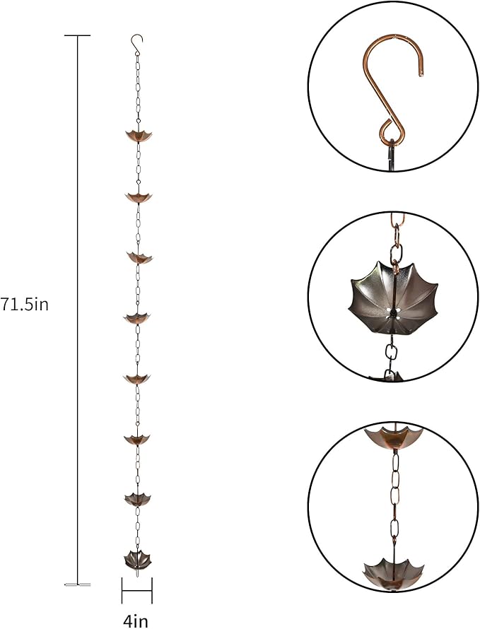 Topadorn 6 FT Metal Rain Chain with 8 Cups, Functional and Decorative Replacement for Gutter Downspouts, Umbrella & Bell Rain Chain for Home, Garden, and Outdoor Use