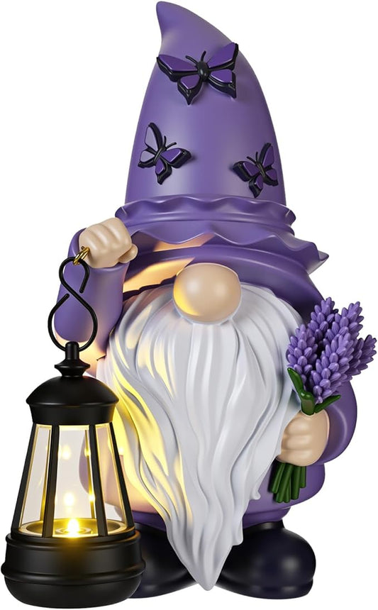Capoda Solar Spring Gnome Statue 8" Garden Resin Gnome Figurine Holding Lantern with Solar LED Lights Decorations for Table Outdoor Yard Patio Lawn Porch Decor (Lavender)