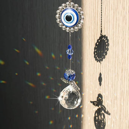 12.7inch Handmade Crystal Angel Suncatcher Hanging Ornament for Christmas Tree Turkish Blue Evil Eye Protection Pendant and Good Luck Charm Gift