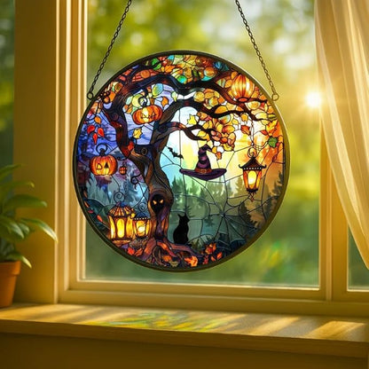 Stained Glass Window Hanging - Halloween 7.8in Pumpkin Lanterns and Black Cat Under Magic Tree with Witch Hat Sun Catchers Panel for Indoor Decorative Display for Mom, Wife, Lovers, Festive