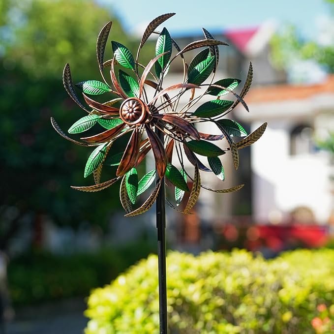 DREAMYSOUL Wind Spinners Outdoor, 360 Degree Rotation Double Layer Metal Kinetic Wind Spinner, Wind Sculpture with Green Leaves Blades for Yard and Garden Lawn Decor